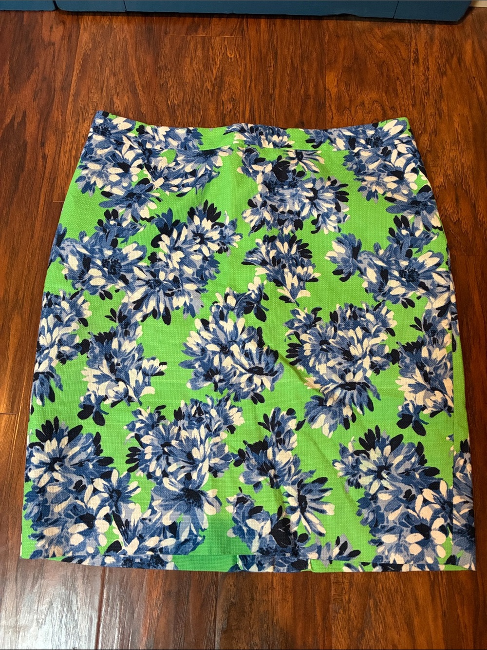 J. Crew Green Pencil Skirt with Blue and White Floral Print